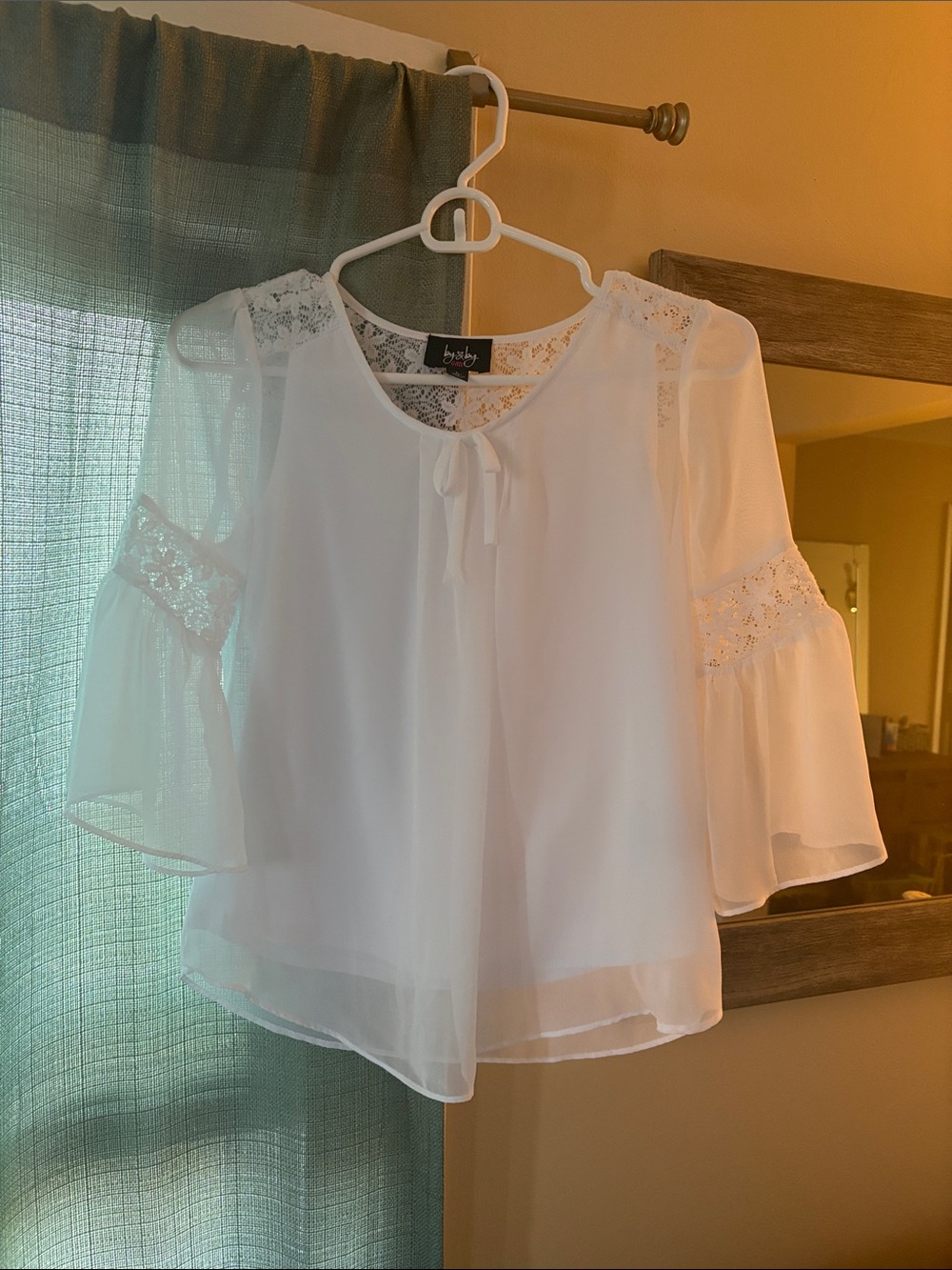 By & By- White Lace Bell Sleeve Tie-Front Blouse